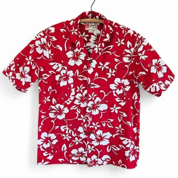 Vintage Hilo Hattie Mens Hawaiian Red Hibiscus Floral Aloha Shirt Small - Picture 1 of 7